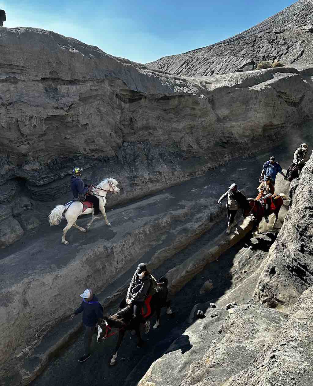 Cavaliers tenggerois et leurs montures sur le chemin sous le cratère du mont Bromo, Java Est, Indonésie