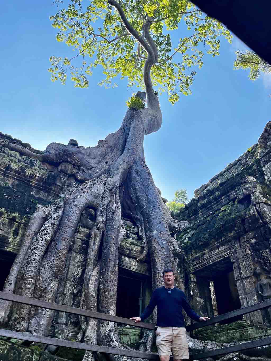 Blaise Jaeger sous un arbre géant qui pousse sur les murs de Ta Prohm
