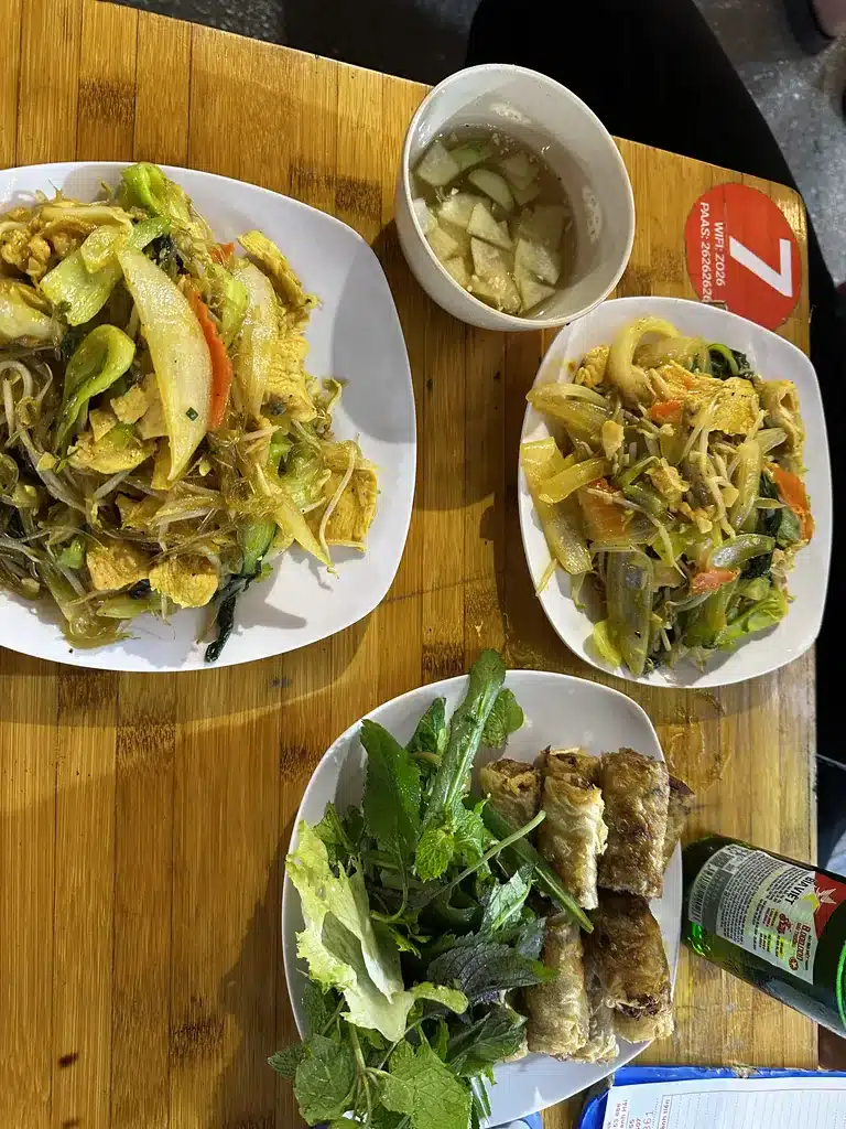 Deux assiettes de nouilles sautées et des nems frits avec herbes et une bière Hanoi